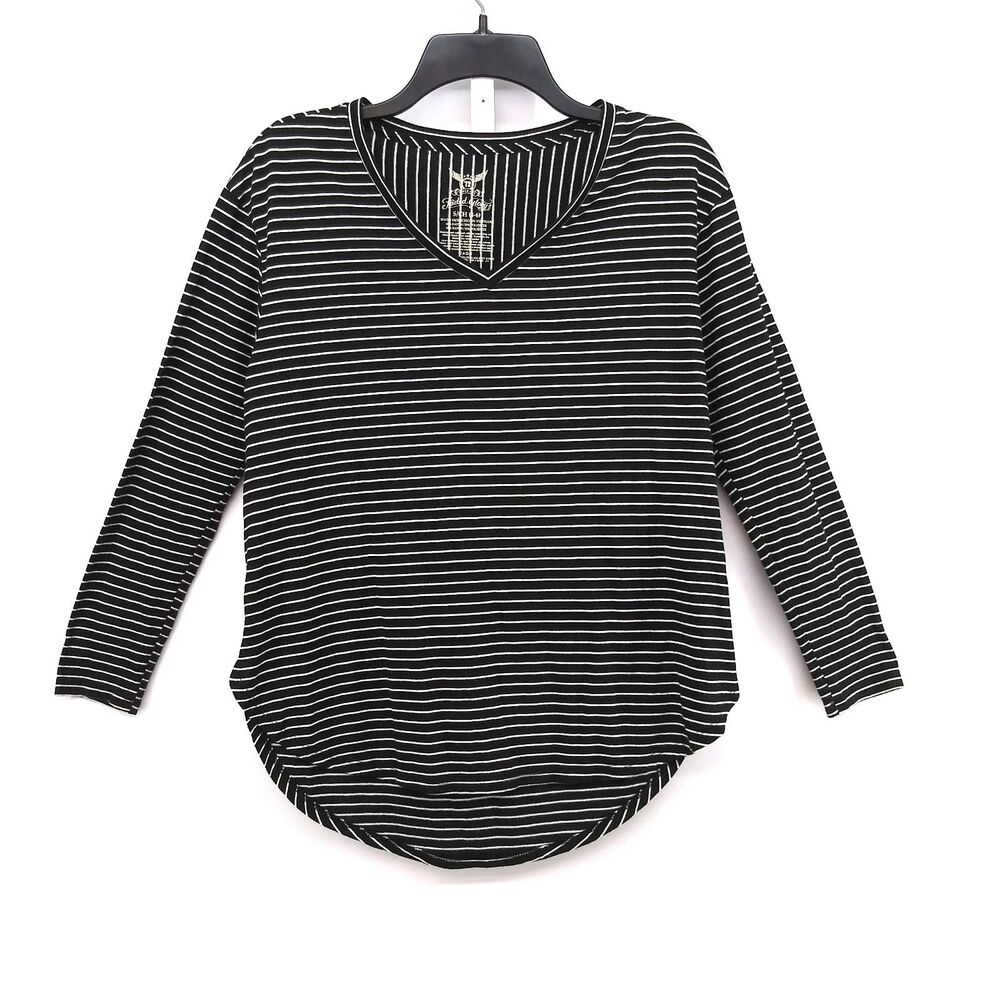 Faded Glory Shirt Women Small Black White Pinstripe Long Sleeve VNeck Casual Top
